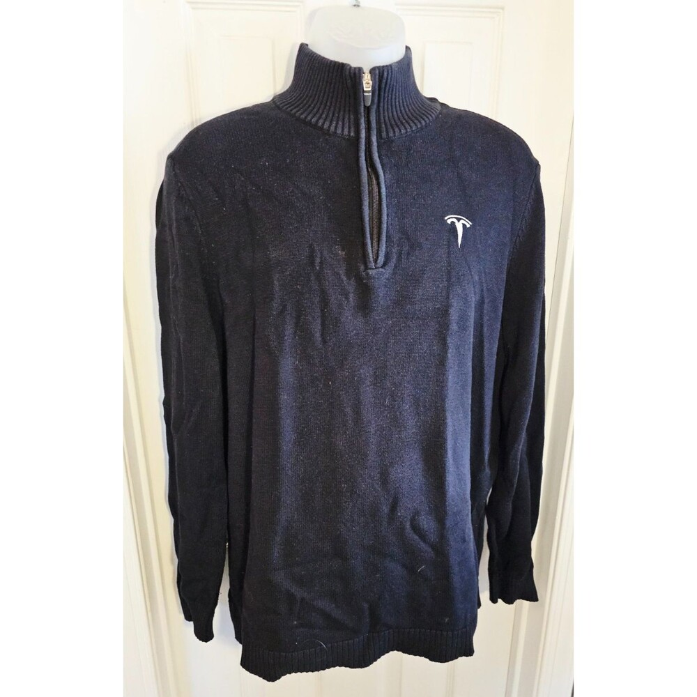Tesla 1/4 Zip Sweater Pullover Long Sleeve Mens Large Black Cotton Blend Auto